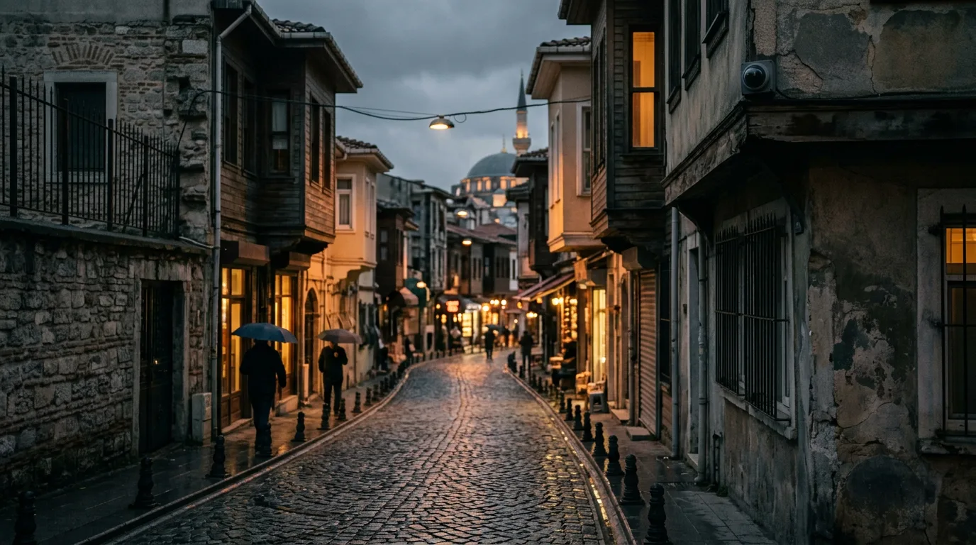 Islak sokakta akşam ışıkları arasında köşede duran güvenlik kamerası ve sakin bir İstanbul sokağı.