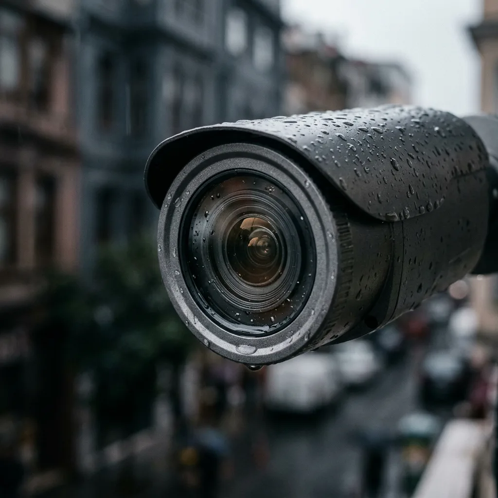 Yağmur damlaları üzerinde duran mat antrasit güvenlik kamerasının lens detayı.
