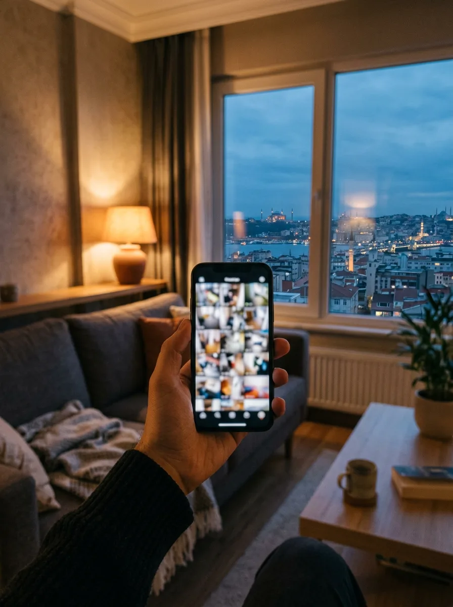 Oturma odasında telefon ekranından kamera görüntülerini izleyen el.