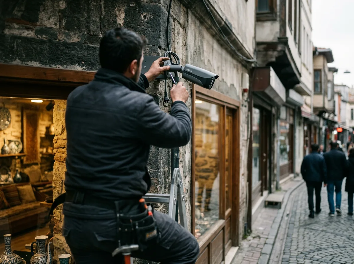 Teknisyen merdivenle çıkarak bir dükkân cephesine güvenlik kamerası monte ediyor.
